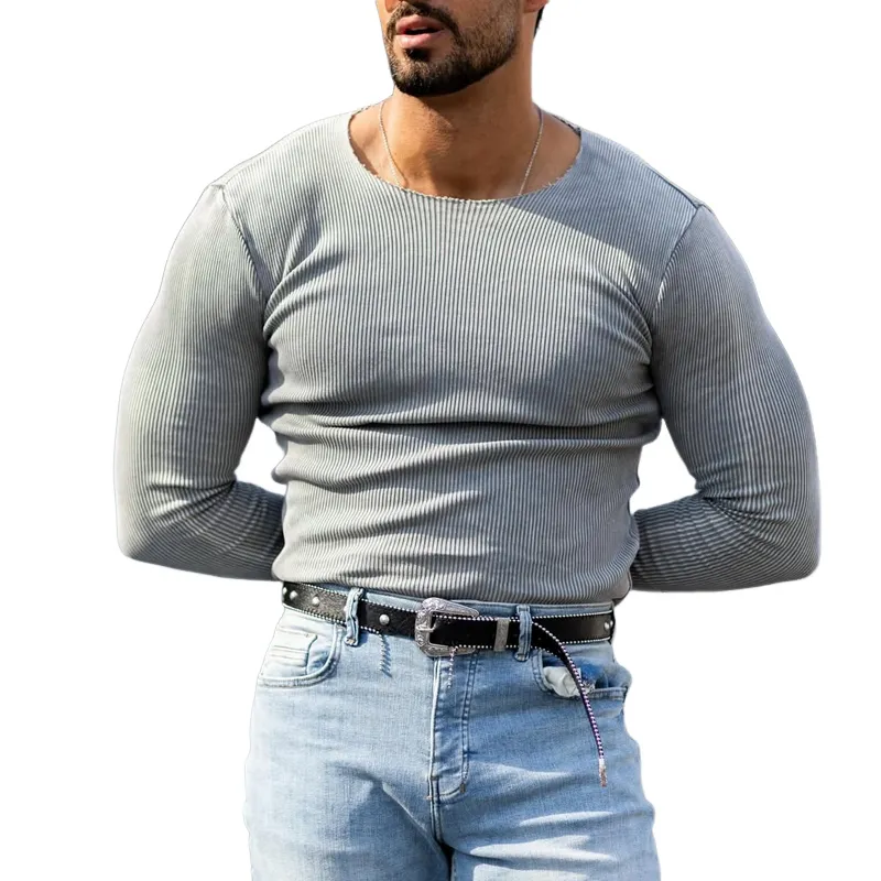 Men's Fashion Washed Striped Round Neck Long Sleeve T-shirt MTA1836C0Z sold by Manly