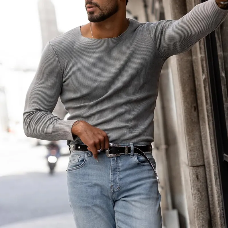 Men's Fashion Washed Striped Round Neck Long Sleeve T-shirt MTA1836C0Z sold by Manly product image thumbnail 5