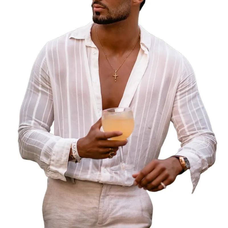 Men's Solid Color Pleated Striped Lapel Long Sleeve Shirt MTA1847C0Z sold by Manly