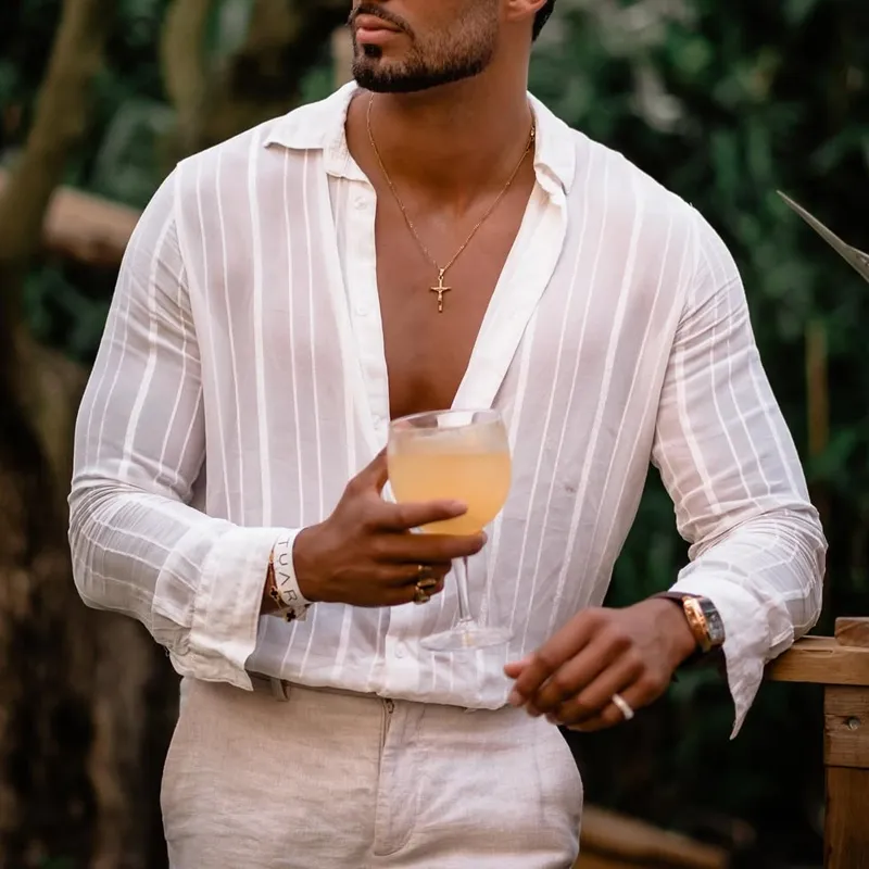 Men's Solid Color Pleated Striped Lapel Long Sleeve Shirt MTA1847C0Z sold by Manly product image thumbnail 2