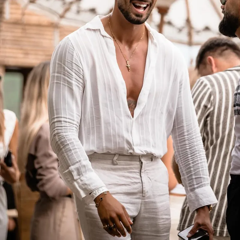 Men's Solid Color Pleated Striped Lapel Long Sleeve Shirt MTA1847C0Z sold by Manly product image thumbnail 4