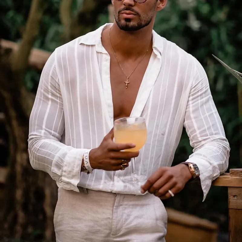 Men's Solid Color Pleated Striped Lapel Long Sleeve Shirt MTA1847C0Z sold by Manly product image thumbnail 3