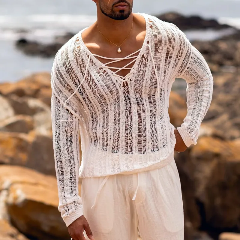 Men's Solid Knit Hollow Lace-up V Neck Long Sleeve Sweater MTA1822C7Z sold by Manly product image thumbnail 2