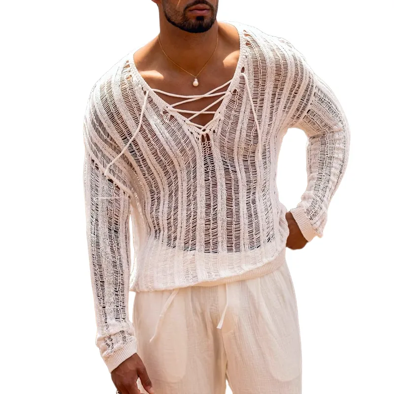 Men's Solid Knit Hollow Lace-up V Neck Long Sleeve Sweater MTA1822C7Z sold by Manly