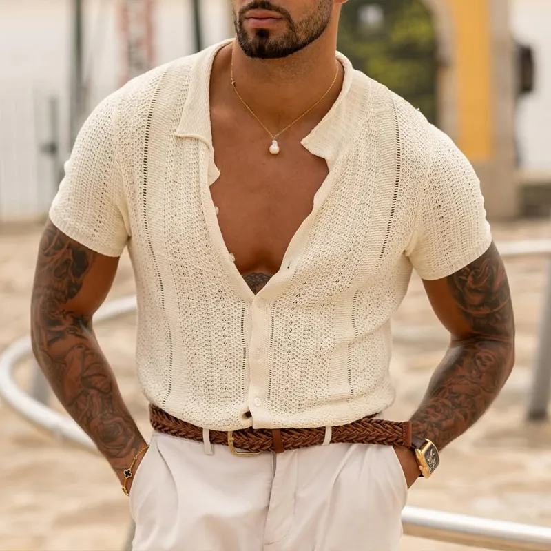 Men's Solid Color Knit Lapel Short Sleeve Single Breasted Polo Shirt MTA1894C3Z sold by Manly product image thumbnail 2