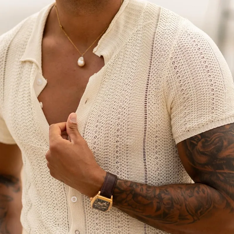 Men's Solid Color Knit Lapel Short Sleeve Single Breasted Polo Shirt MTA1894C3Z sold by Manly product image thumbnail 4