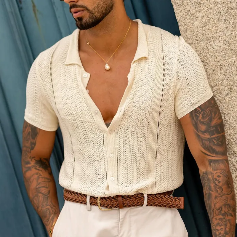 Men's Solid Color Knit Lapel Short Sleeve Single Breasted Polo Shirt MTA1894C3Z sold by Manly product image thumbnail 3