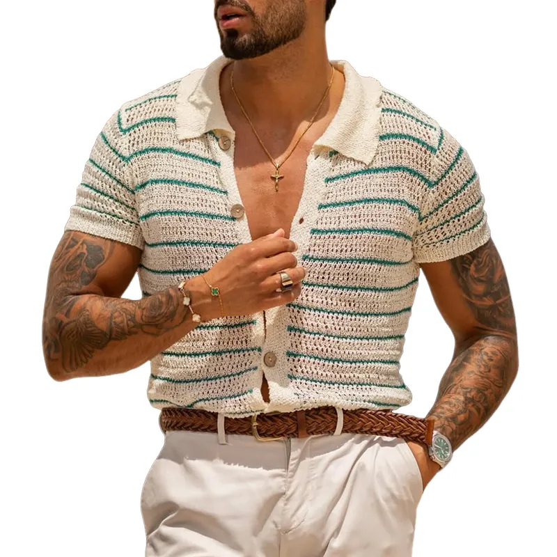 Men's Striped Knit Lapel Short Sleeve Single Breasted Polo Shirt MTA1843C8Z sold by Manly