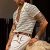Men's Striped Knit Lapel Short Sleeve Single Breasted Polo Shirt MTA1843C8Z sold by Manly