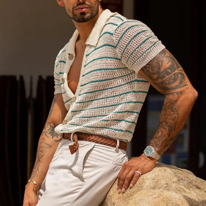 Men's Striped Knit Lapel Short Sleeve Single Breasted Polo Shirt MTA1843C8Z sold by Manly product image thumbnail 3