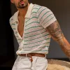 Men's Striped Knit Lapel Short Sleeve Single Breasted Polo Shirt MTA1843C8Z sold by Manly