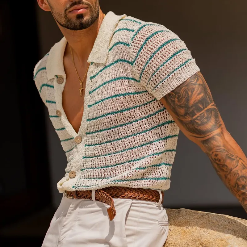 Men's Striped Knit Lapel Short Sleeve Single Breasted Polo Shirt MTA1843C8Z sold by Manly product image thumbnail 4