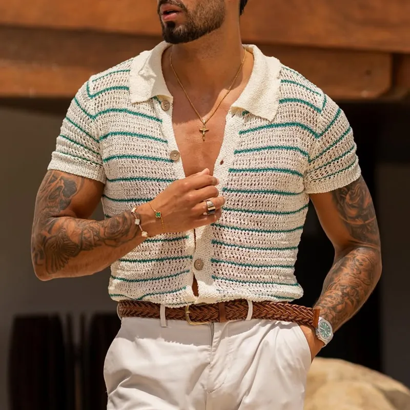 Men's Striped Knit Lapel Short Sleeve Single Breasted Polo Shirt MTA1843C8Z sold by Manly product image thumbnail 2