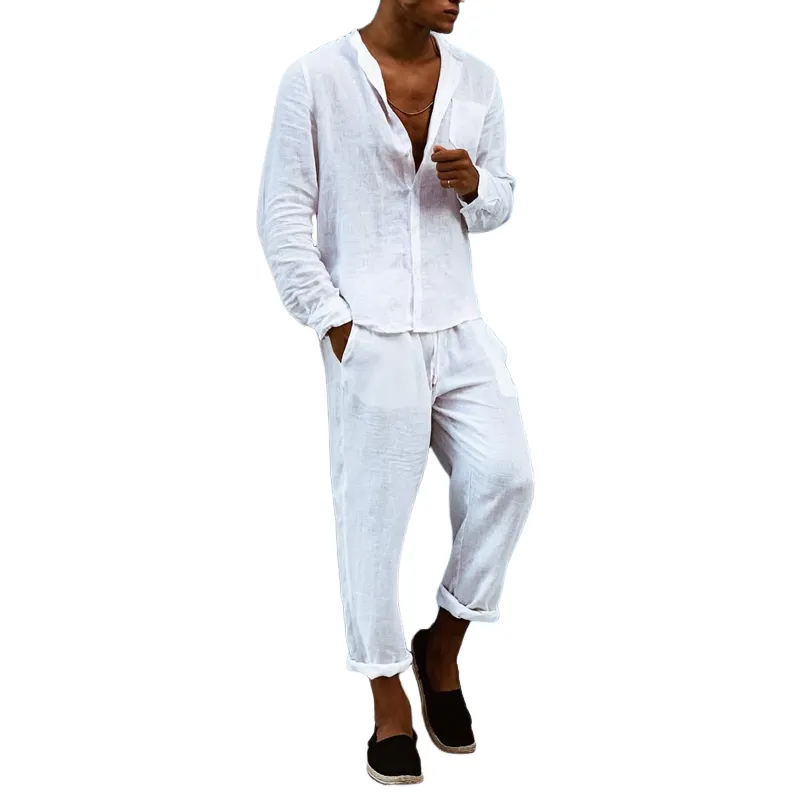 Men's Solid Cotton And Linen Round Neck Long Sleeve Shirt Elastic Waist Trousers Casual Set MTA1843C9Z sold by Manly