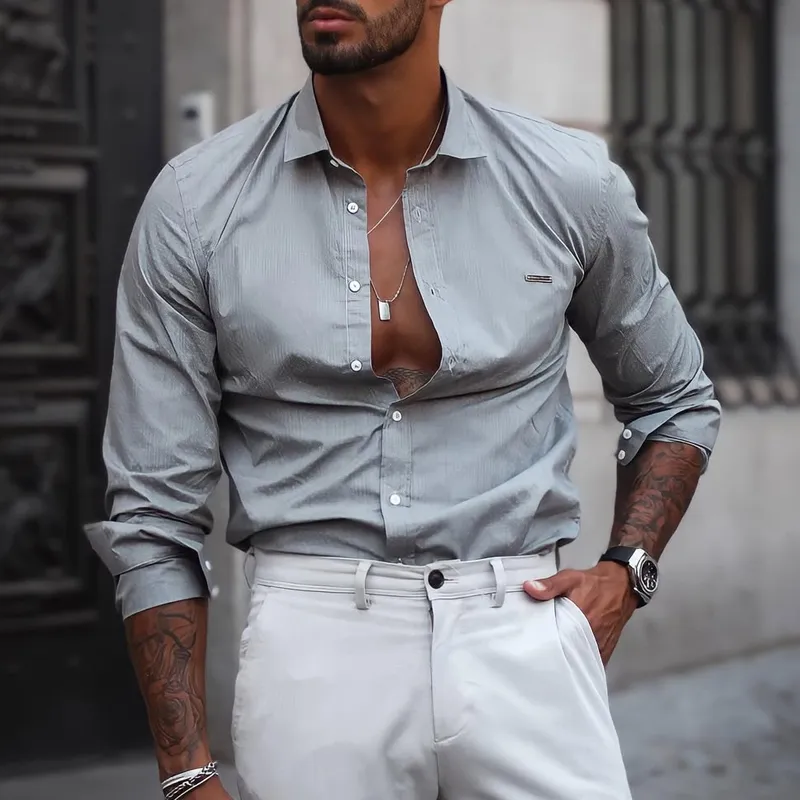 Men's Solid Slim Lapel Long Sleeve Business Casual Shirt MTA1832C1Z sold by Manly product image thumbnail 2