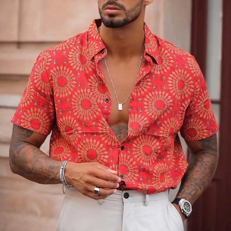 Men's Stylish Geometric Pattern Print Lapel Short Sleeve Shirt MTA1895C8Z sold by Manly product image thumbnail 2