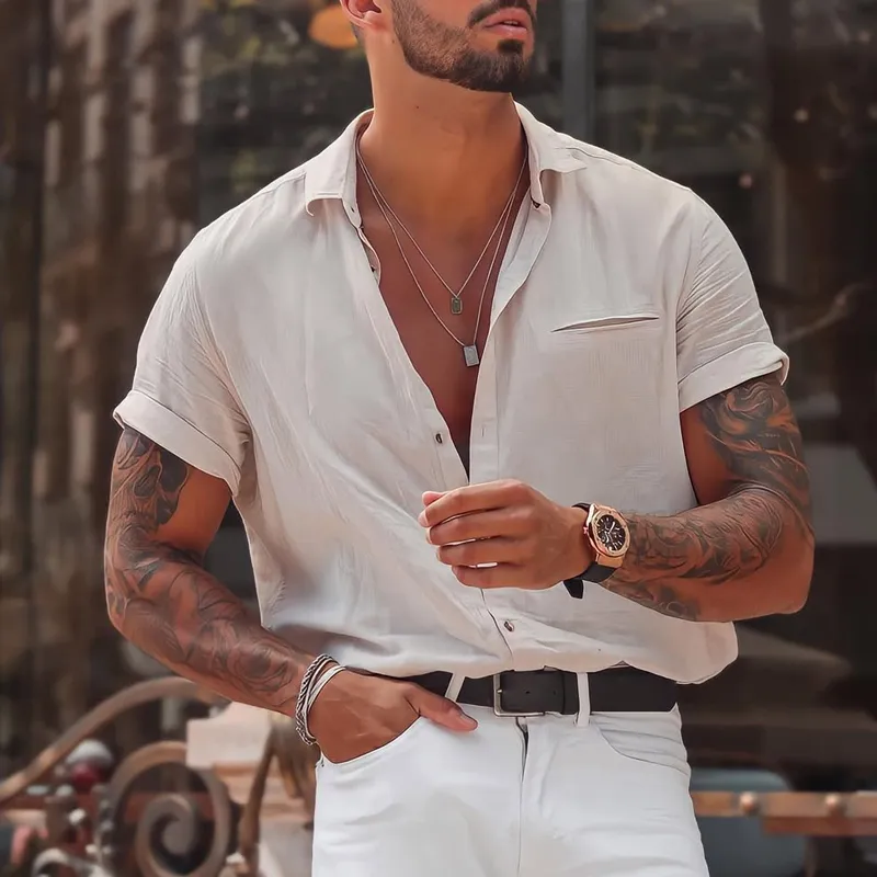 Men's Stylish Solid Loose Lapel Short Sleeve Shirt MTA1827C8Z sold by Manly product image thumbnail 4