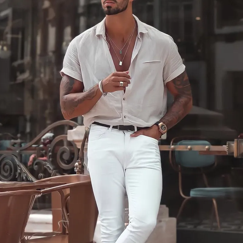 Men's Stylish Solid Loose Lapel Short Sleeve Shirt MTA1827C8Z sold by Manly product image thumbnail 3