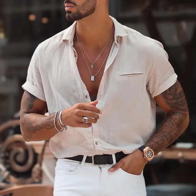 Men's Stylish Solid Loose Lapel Short Sleeve Shirt MTA1827C8Z sold by Manly product image thumbnail 2