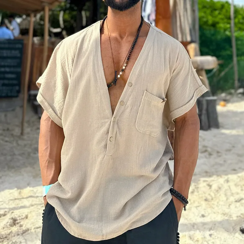 Men's Cotton and Linen V-Neck Short Sleeve Shirt MTA1879C3X sold by Manly product image thumbnail 3