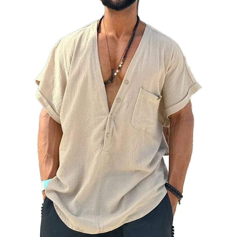 Men's Cotton and Linen V-Neck Short Sleeve Shirt MTA1879C3X sold by Manly