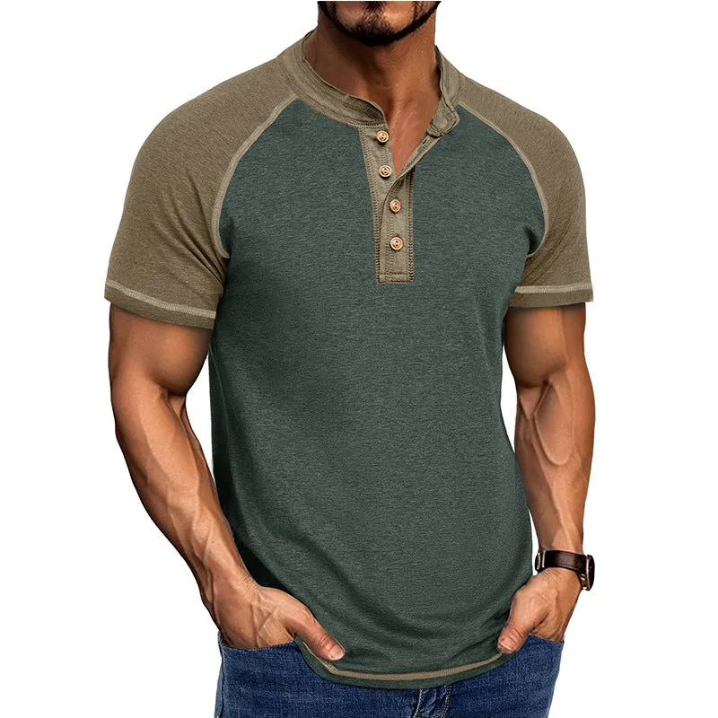 Men's Casual Contrast Color Henley Neck Short Sleeve T-Shirt MTA1806C5X sold by Manly