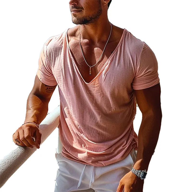 Men's Solid Cotton Blend V-Neck Short Sleeve T-Shirt MTA1802C3X sold by Manly