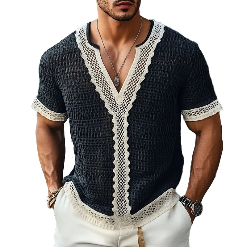 Men's Casual Spliced Lace V-Neck Short Sleeve T-Shirt MTA1861C5X sold by Manly