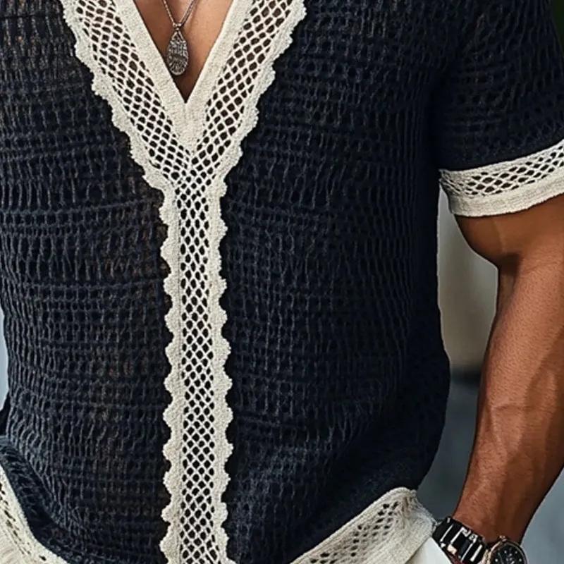 Men's Casual Spliced Lace V-Neck Short Sleeve T-Shirt MTA1861C5X sold by Manly product image thumbnail 3