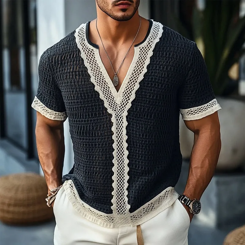 Men's Casual Spliced Lace V-Neck Short Sleeve T-Shirt MTA1861C5X sold by Manly product image thumbnail 2
