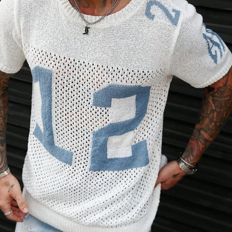 【24-hour shipping out】Men's Sport Lettering Jacquard Crew Neck Short Sleeve Sweater T-Shirt MTA1856C1X sold by Manly product image thumbnail 2