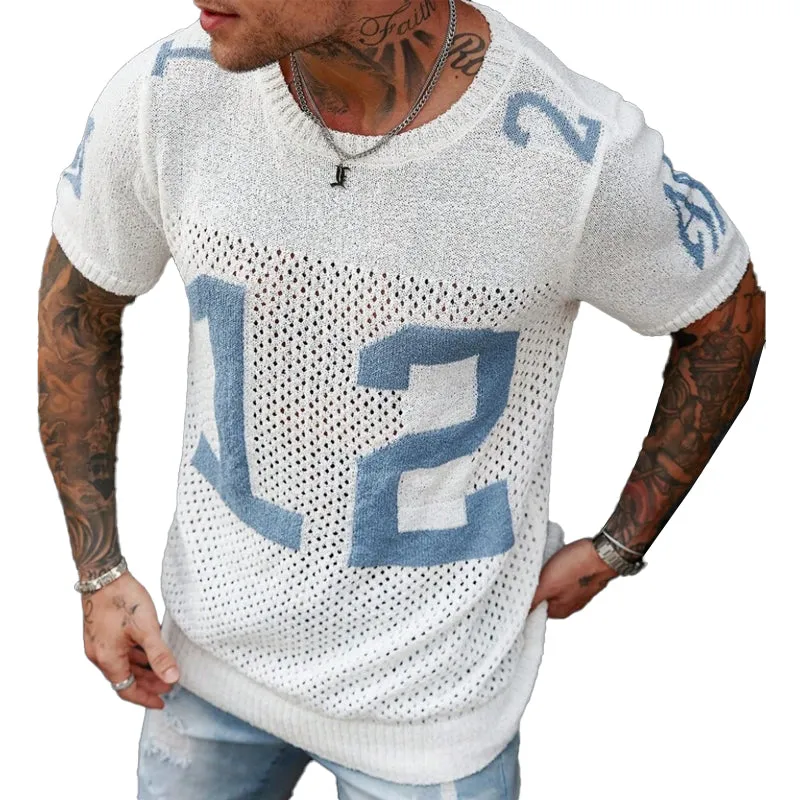 【24-hour shipping out】Men's Sport Lettering Jacquard Crew Neck Short Sleeve Sweater T-Shirt MTA1856C1X made by Manly