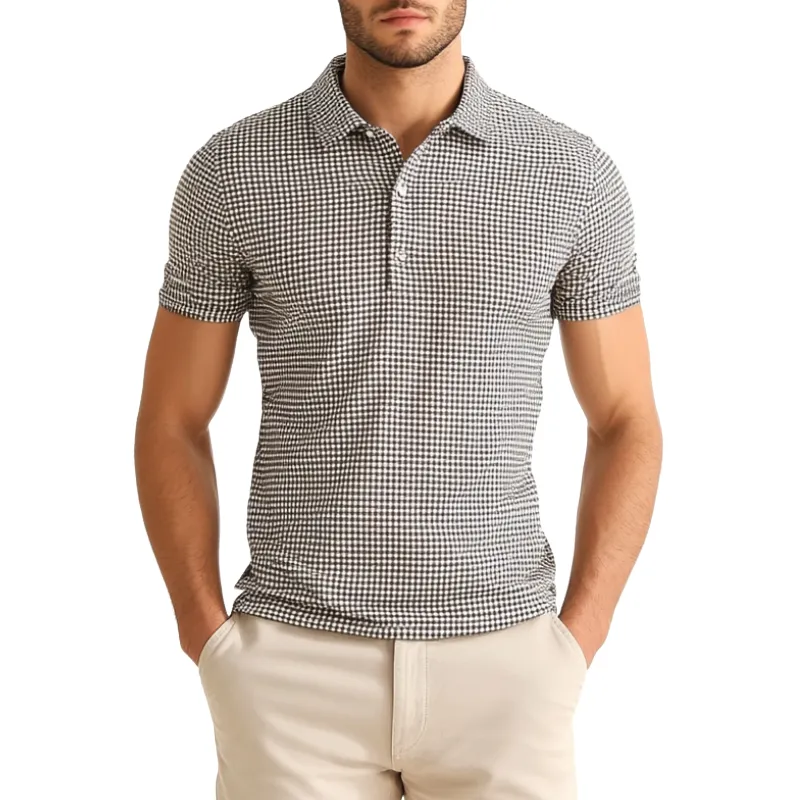 Men's Retro Houndstooth Lapel Slim Fit Short Sleeve Polo Shirt MTA1867C3M sold by Manly