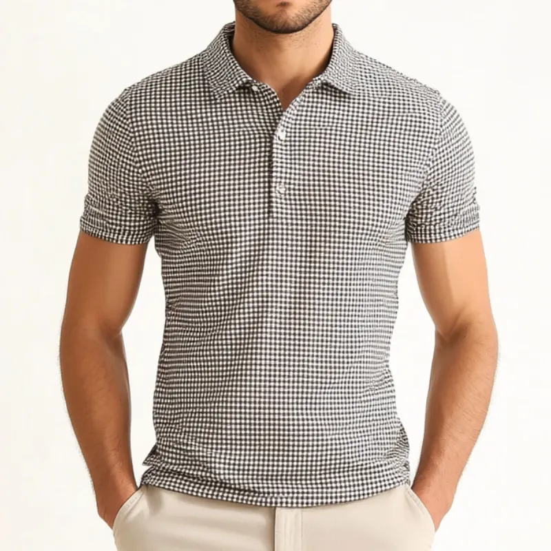 Men's Retro Houndstooth Lapel Slim Fit Short Sleeve Polo Shirt MTA1867C3M sold by Manly product image thumbnail 3
