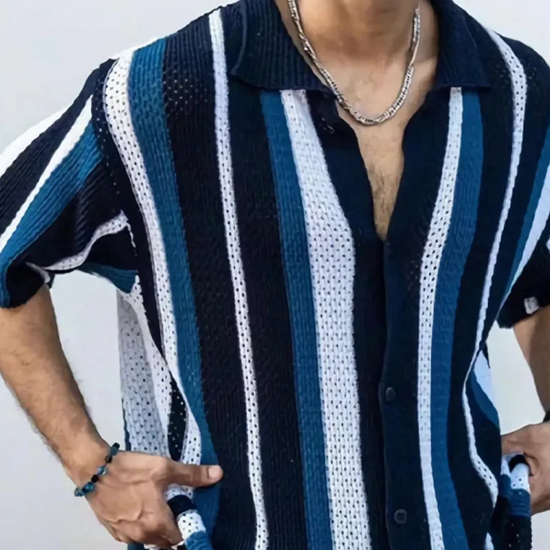 Men's Vertical Stripe Knitted Casual Loose Short Sleeve Shirt MTA1916C9U sold by Manly product image thumbnail 3