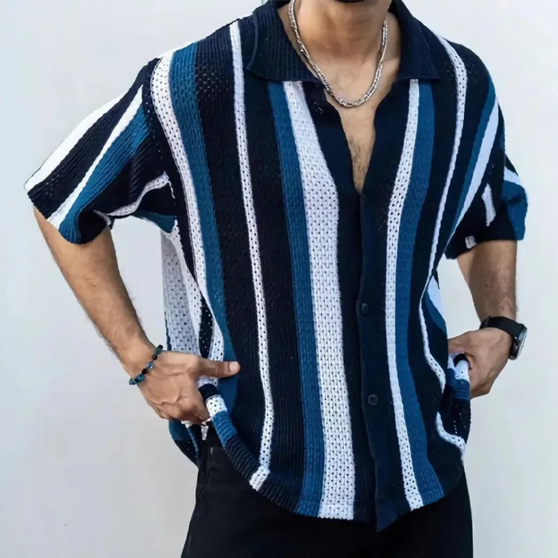 Men's Vertical Stripe Knitted Casual Loose Short Sleeve Shirt MTA1916C9U sold by Manly product image thumbnail 2
