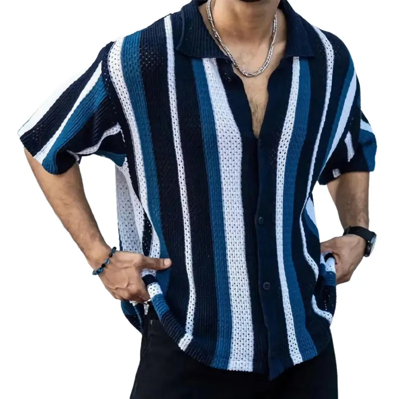 Men's Vertical Stripe Knitted Casual Loose Short Sleeve Shirt MTA1916C9U sold by Manly