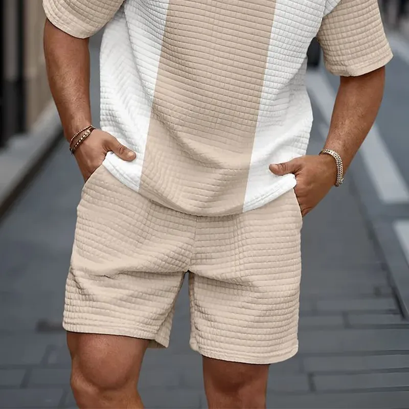 Men's Spring and Summer Casual Waffle Stitching Pullover T-shirt Shorts Set MTA1966C3K sold by Manly product image thumbnail 3