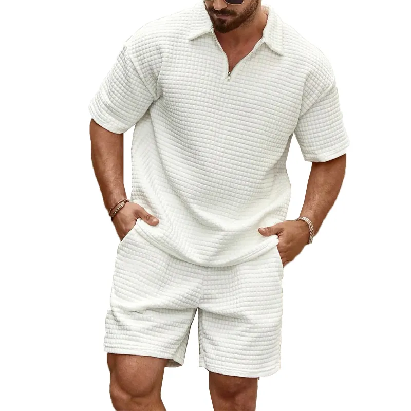 Men's Spring and Summer Casual Skin-friendly Waffle Pullover T-shirt Shorts Set MTA1962C2K sold by Manly