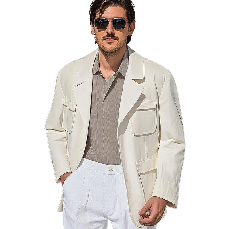 Men's Spring and Autumn Pure White Multi-Pocket Casual Loose Jacket MTA1937C9U sold by Manly