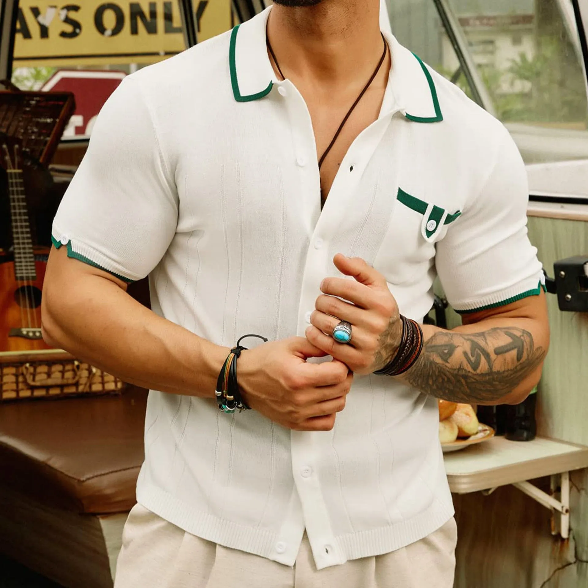 Men's Casual Contrast Stitching Knitted Slim Fit Short Sleeve Shirt MTA1961C6K sold by Manly product image thumbnail 2