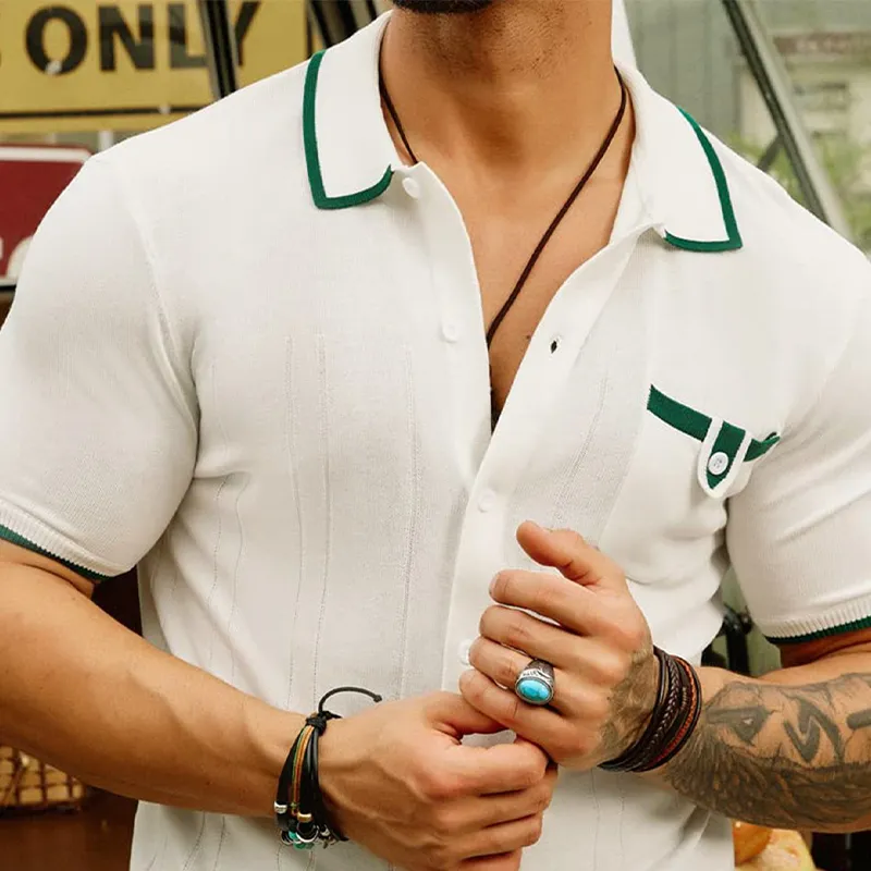 Men's Casual Contrast Stitching Knitted Slim Fit Short Sleeve Shirt MTA1961C6K sold by Manly product image thumbnail 3