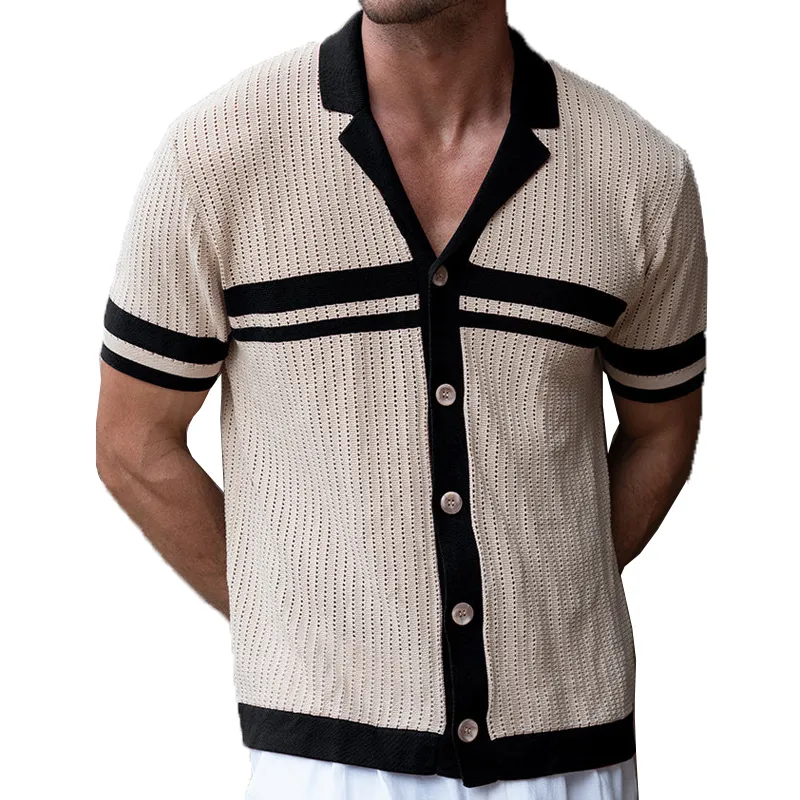 Men's Spring and Summer Casual Contrast Color Stitching Knitted Short Sleeve Shirt MTA1902C0K sold by Manly