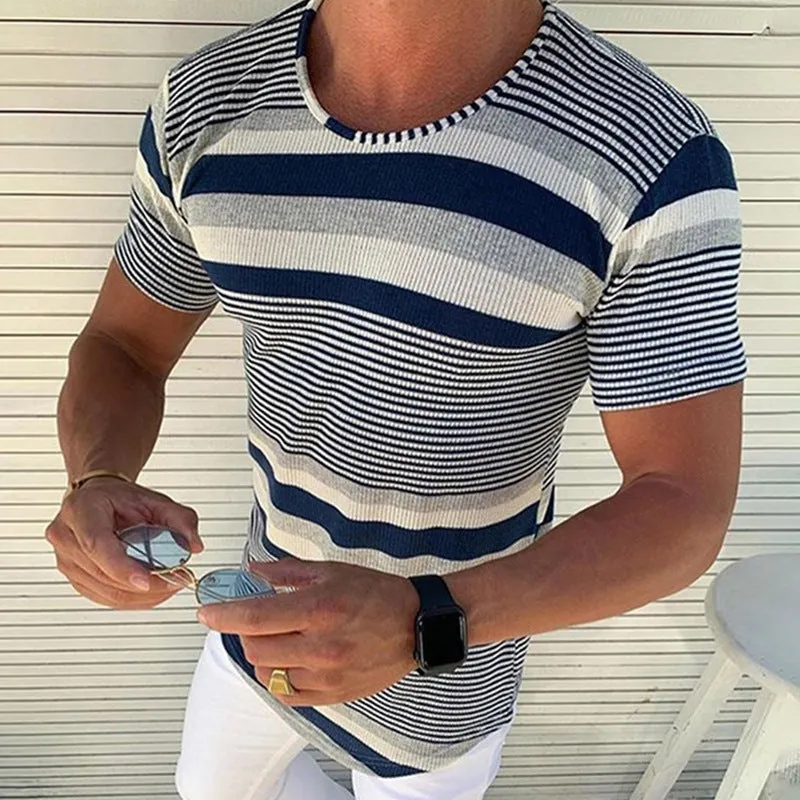 Men's Spring and Summer Casual Horizontal Stripe Knit Short Sleeve T-Shirt MTA1978C7K sold by Manly product image thumbnail 2