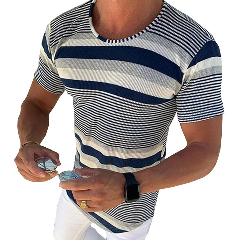 Men's Spring and Summer Casual Horizontal Stripe Knit Short Sleeve T-Shirt MTA1978C7K sold by Manly