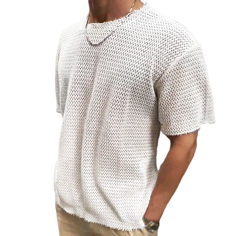 Men's Retro Casual Hollow Refreshing Round Neck Knitted Short Sleeve T-shirt MTA1917C3TO sold by Manly