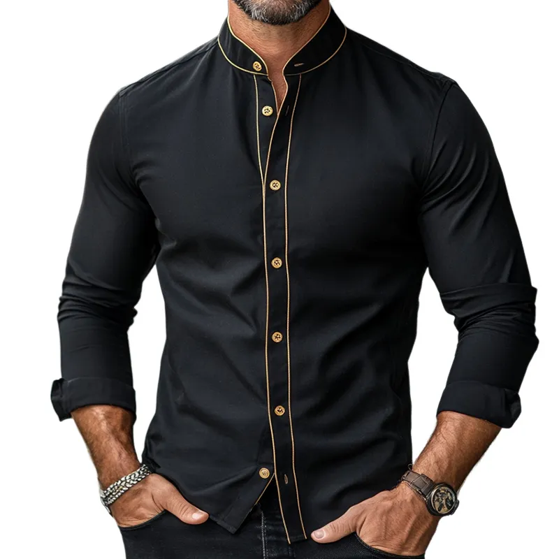 Men's Retro Casual Colorblock Printed Stand Collar Long Sleeve Shirt MTA1847C9TO sold by Manly