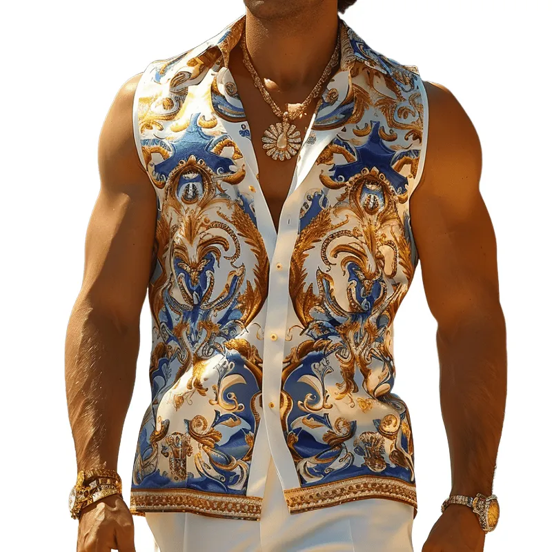 Men's Vintage Casual Baroque Print Lapel Sleeveless Shirt MTA1916C2TO sold by Manly
