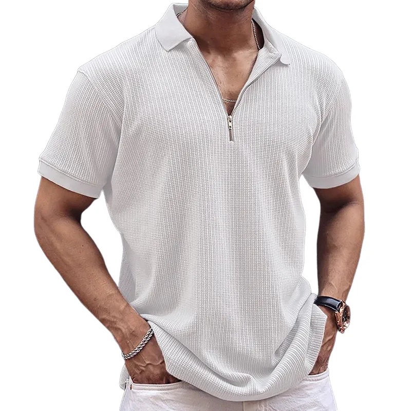 Men's Retro Casual Solid Color Zipper Neck Short Sleeve T-Shirt MTA1978C6TO sold by Manly