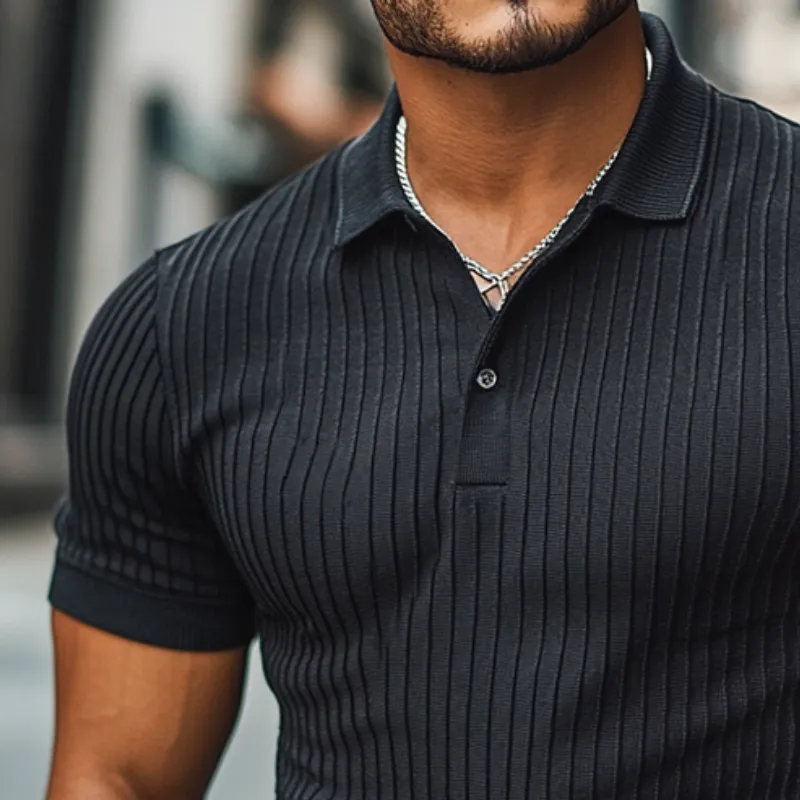 Men's Retro Casual Solid Color Striped Short Sleeve Polo Shirt MTA1988C8TO sold by Manly product image thumbnail 3